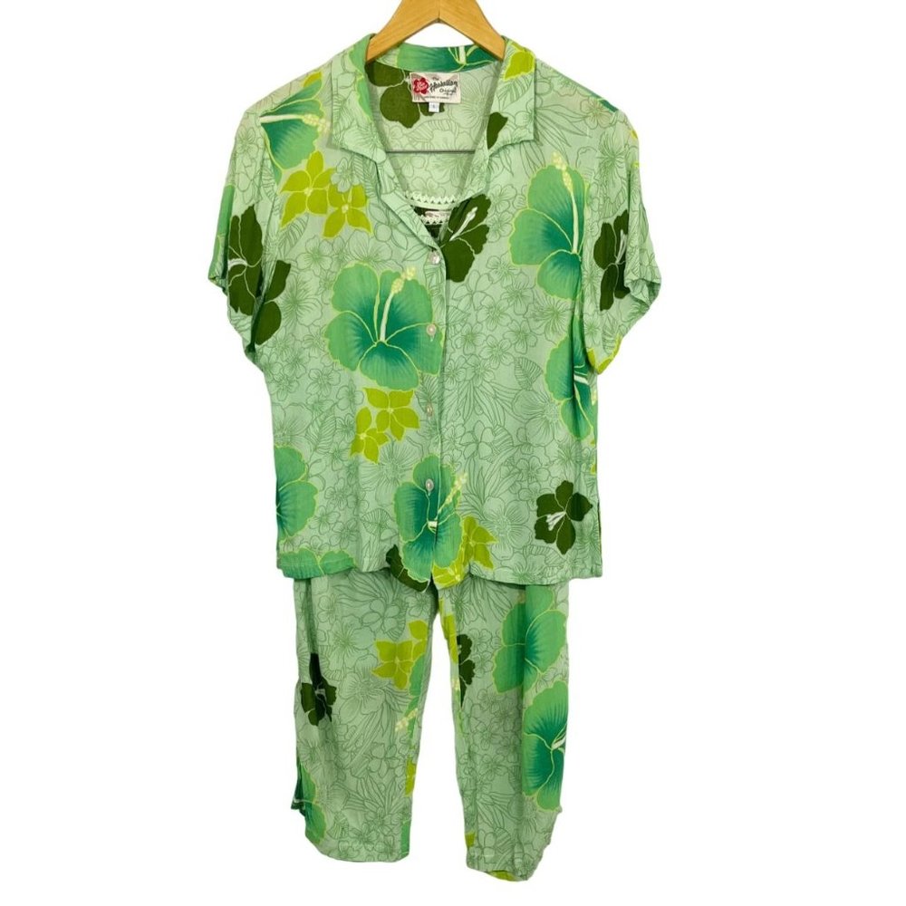 Hilo Hattie Green Tropical Floral Hawaiian Shirt & Matching Pants Set - Size M/L